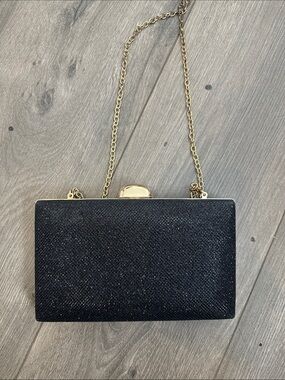 Black Glitter Box Clutch with Gold Chain